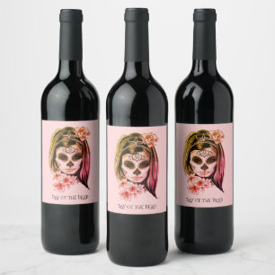 Day Of The Dead Catrina Skeleton Face Party Wine Label