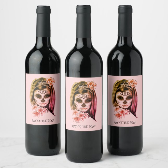 Day Of The Dead Catrina Skeleton Face Party Wine Label (Bottles)