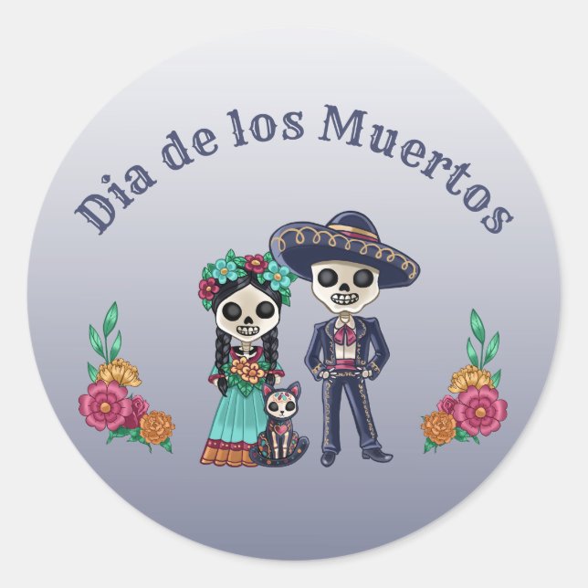 Day of the Dead Couple and Cat Classic Round Sticker (Front)