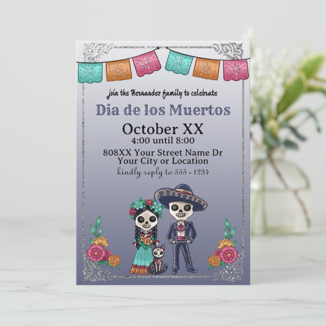 Day of the Dead Couple and Cat Invitation (Standing Front)
