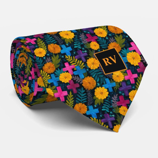 Day of the Dead Crosses and Marigolds  Tie (Rolled)