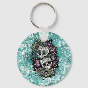Day of the Dead floral butterfly skulls. Keychain