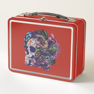 Day of the dead floral sugar skull with flowers metal lunch box