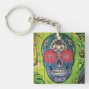 Day of the Dead Funky Blue and Green Sugar Skull K Keychain
