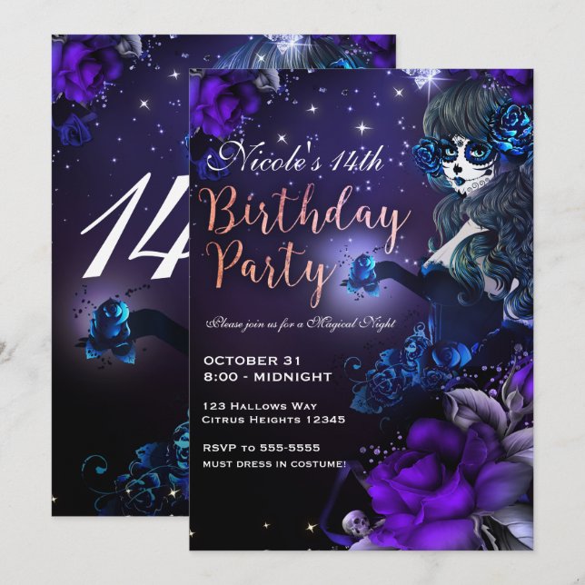 Day of the Dead Girl Purple Blue Birthday Party Invitation (Front/Back)