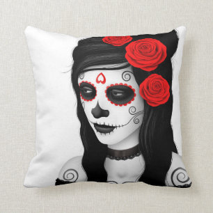 Day of the Dead Girl with Roses White Throw Pillow