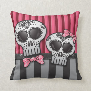 Day of The Dead Glitter Sugar Skulls Pirate Stripe Throw Pillow