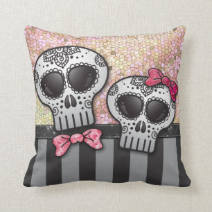 Day of The Dead Glitter Sugar Skulls Pirate Stripe Throw Pillow