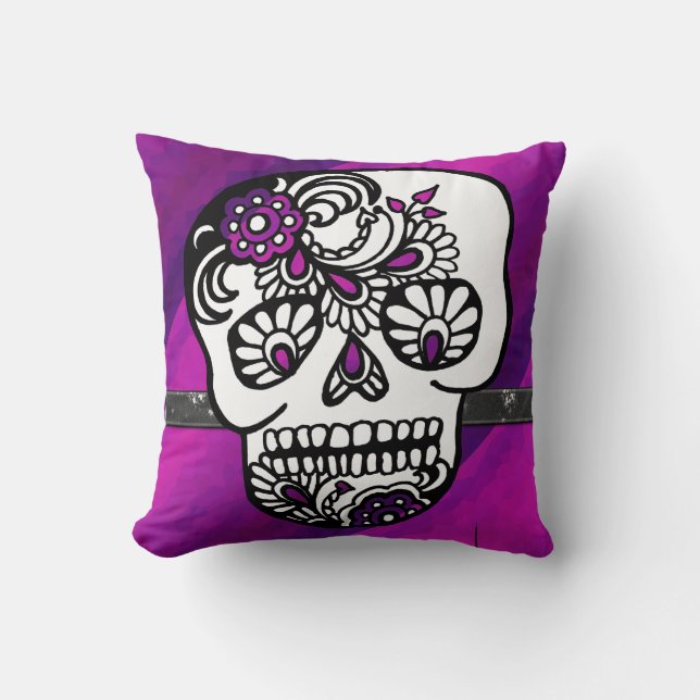 Day of The Dead Glitter Sugar Skulls Pirate Stripe Throw Pillow (Front)
