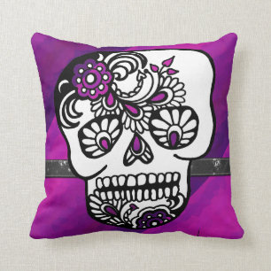 Day of The Dead Glitter Sugar Skulls Pirate Stripe Throw Pillow