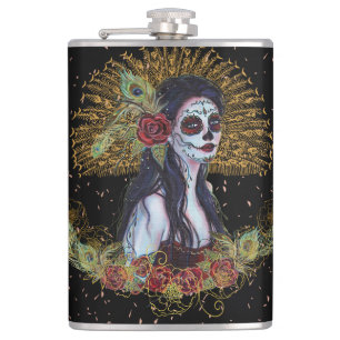 Day of the dead gothic art by Renee Lavoie Hip Flask