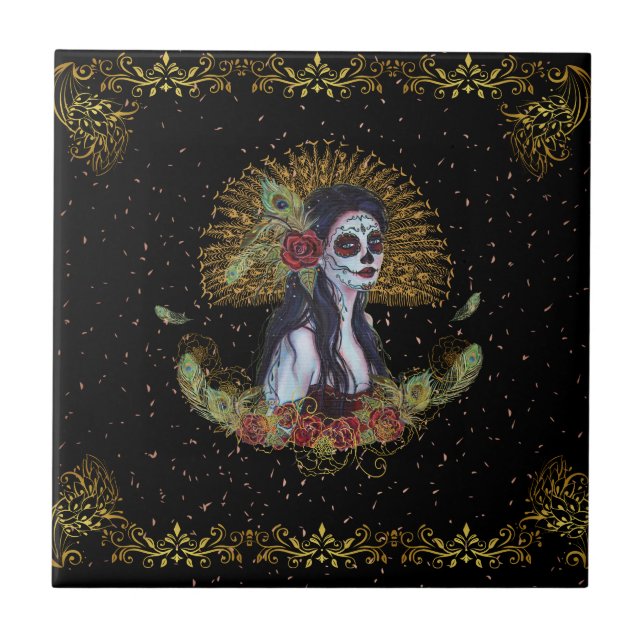 Day of the dead gothic art by Renee Lavoie Tile (Front)