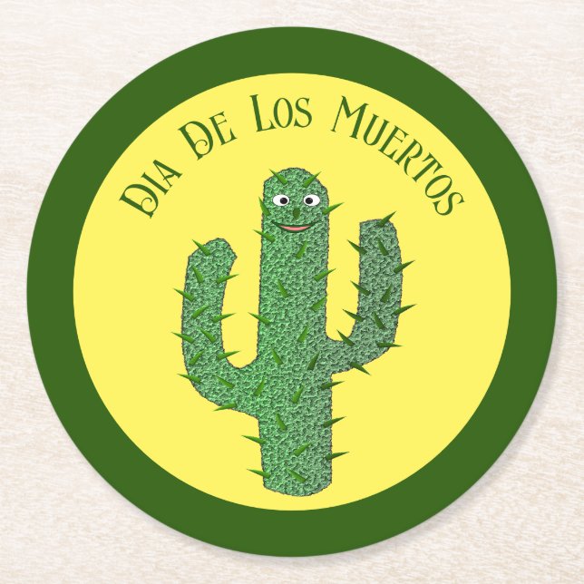 Day of the Dead Happy Cactus Custom Round Paper Coaster (Front)