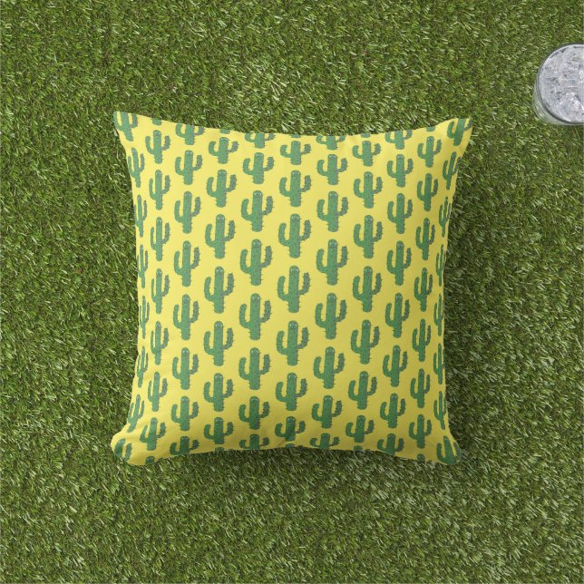 Day of the Dead Happy Cactus Patterned Outdoor Pillow (Grass)