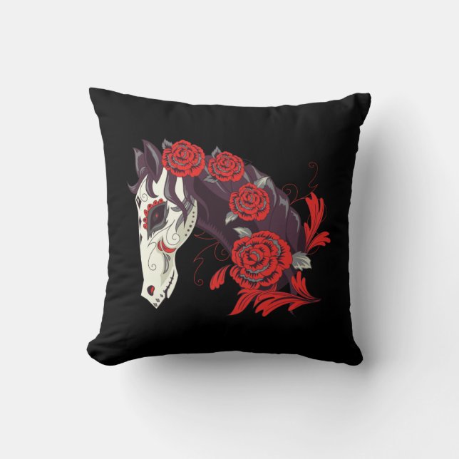 Day of the Dead Horse Skeleton with Red Roses Throw Pillow (Front)