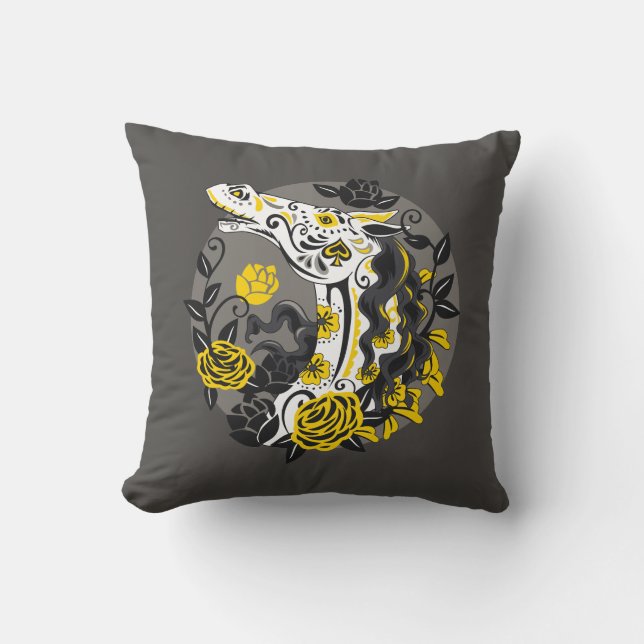 Day of the Dead Horse Skeleton with Yellow Roses Throw Pillow (Front)