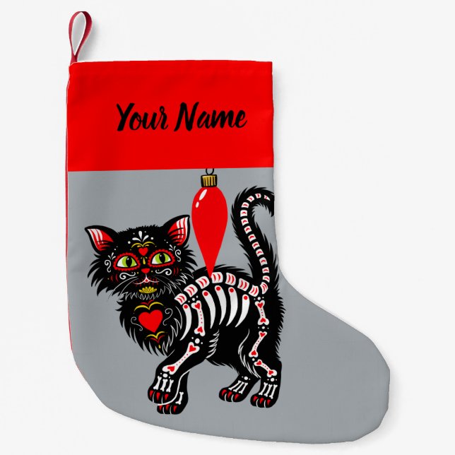 Day of the Dead Kitty Personalized Small Christmas Stocking (Front)