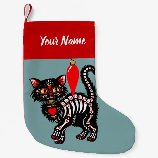 Day of the Dead Kitty Personalized Small Christmas Stocking (Front)