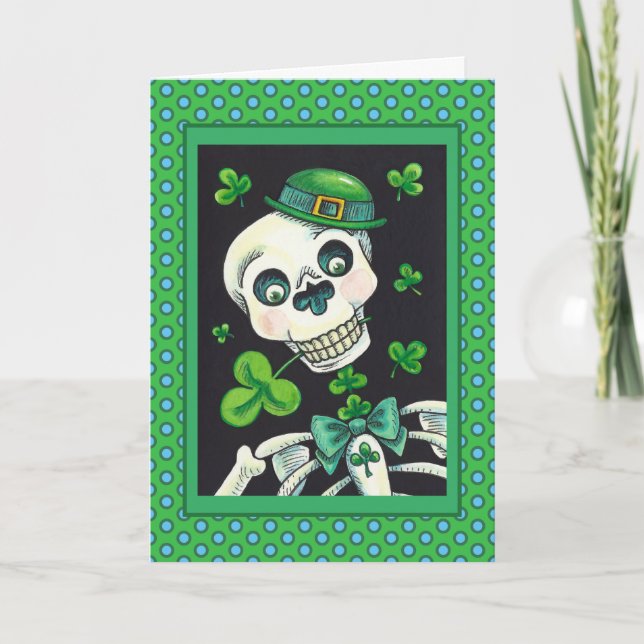 DAY OF THE DEAD LEPRECHAUN, ST. PADDY'S DAY SKULL HOLIDAY CARD (Front)