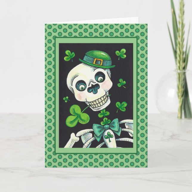 DAY OF THE DEAD LEPRECHAUN, ST. PADDY'S DAY SKULL HOLIDAY CARD (Front)