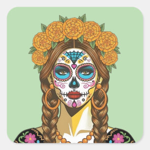 Day of the Dead Marigold Catrina Square Sticker