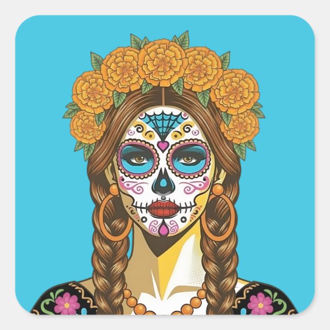 Day of the Dead Marigold Catrina Square Sticker (Front)