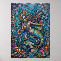 Day of the Dead Mermaid Sugar Skull Art Poster