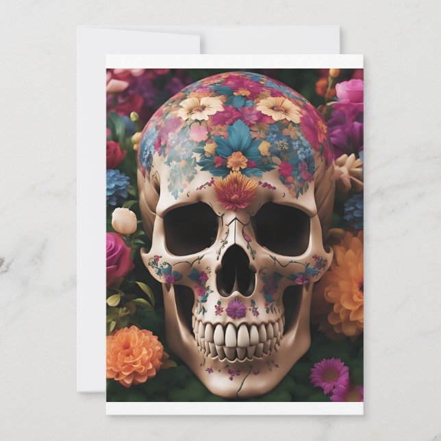 Day of the Dead Metallic Skull with Flowers  Invitation (Front)