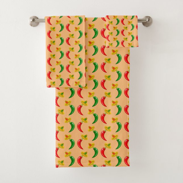 Day of the Dead Mexican Chilis Patterned Bath Towel Set (Insitu)