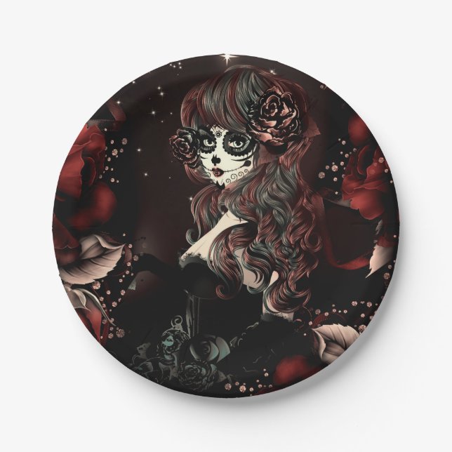 Day of the Dead Mexican Girl Birthday Party Red Paper Plate (Front)