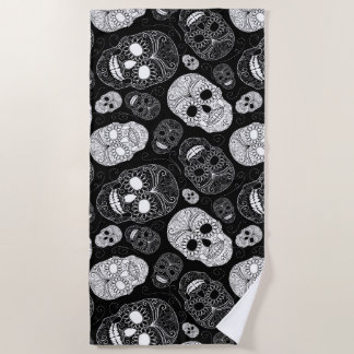 Day of the Dead Mosaic Art Black & White Beach Towel