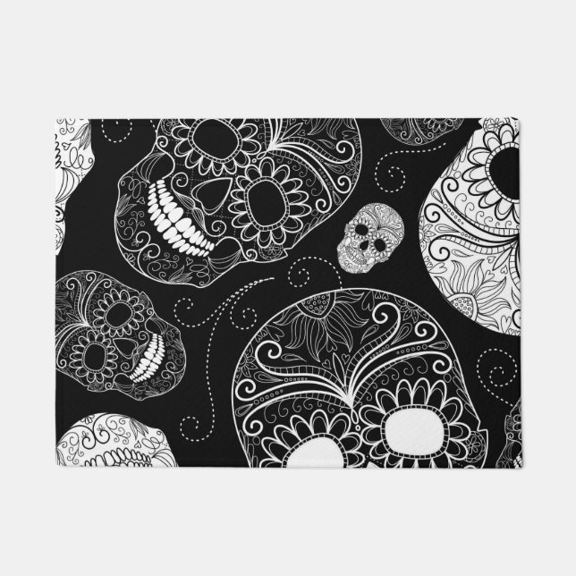 Day of the Dead Mosaic Art Black & White Doormat (Front)