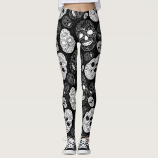 Day of the Dead Mosaic Art Black & White Leggings