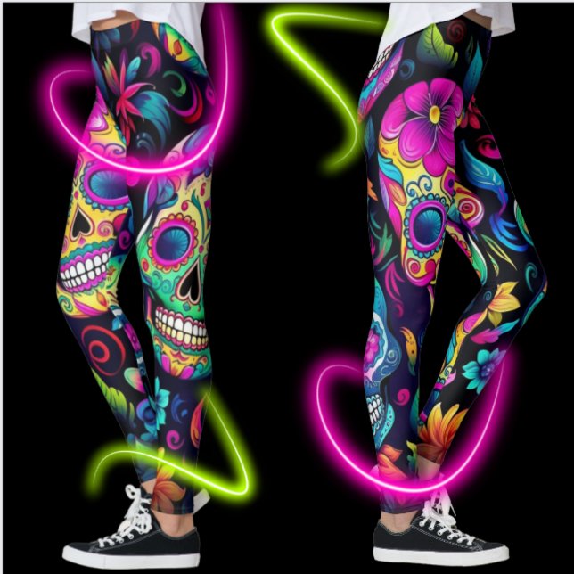 Day of the Dead Neon Sugar Skulls Leggings (Bold sugar skulls on leggings for your holiday and winter festivities.  Statement making!)