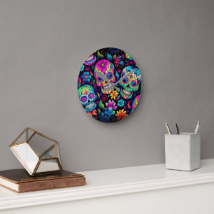 Day of the Dead Neon Sugar Skulls Round Clock