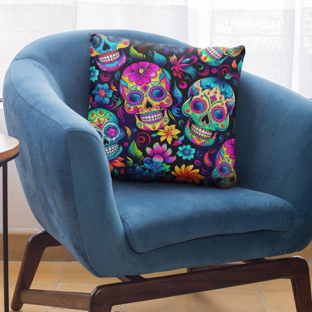 Day of the Dead Neon Sugar Skulls Throw Pillow (Sugar skull pattern on home decor throw pillows. Bold colors for your home. )