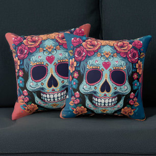 Day of the Dead or Halloween Blue Sugar Skull Throw Pillow