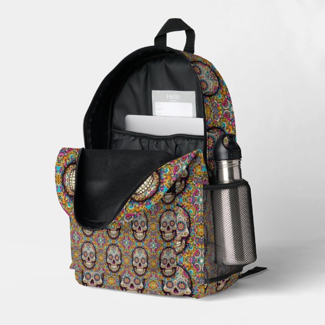 Day of the Dead Pattern Printed Backpack (Back Corner Right (Open))