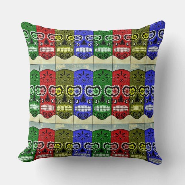 Day of the Dead Pillow Multi-Coloured Sugar Skulls (Front)