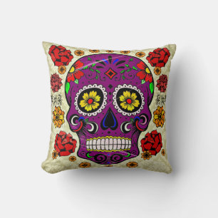 Day of the Dead Pillow Purple Sugar Skull