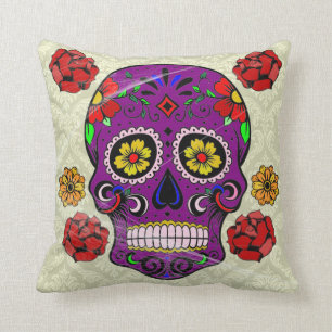 Day of the Dead Pillow Purple Sugar Skull