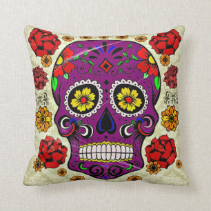 Day of the Dead Pillow Purple Sugar Skull