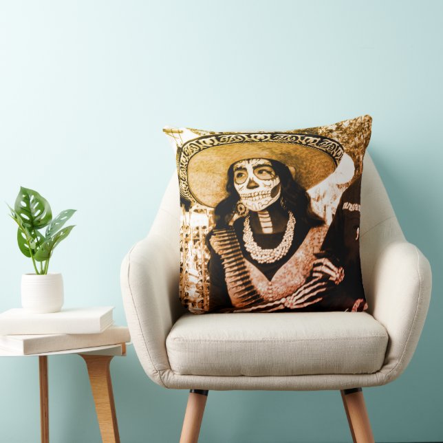 Day of the Dead Pillow - Una Mujer Esqueleto (Chair)