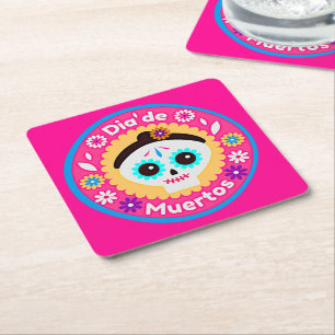 Day of the Dead Pink Lady - for Family Kids Square Paper Coaster