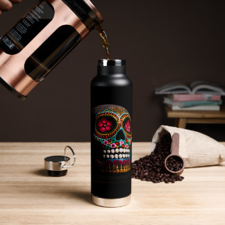 Day of the Dead, Pretty Painted Macabre Skull Water Bottle
