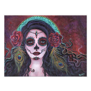 Day of the dead print with peacock feathers