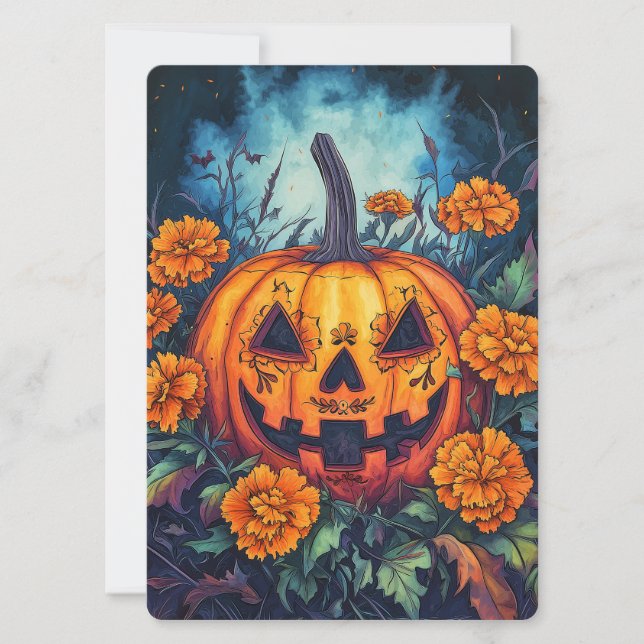 Day of the Dead Pumpkin with Marigold Surround Invitation (Front)
