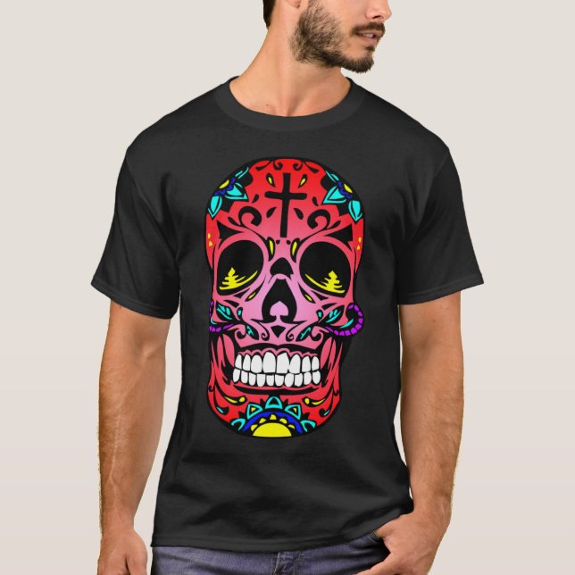 Day Of The Dead Red Face Cross Sugar Skull Hallowe T-Shirt (Front)