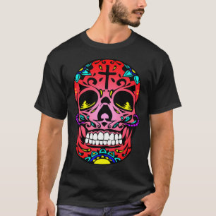 Day Of The Dead Red Face Cross Sugar Skull Hallowe T-Shirt
