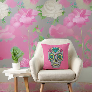 Day of the Dead Roses and Crysl Skull on Pink  Throw Pillow